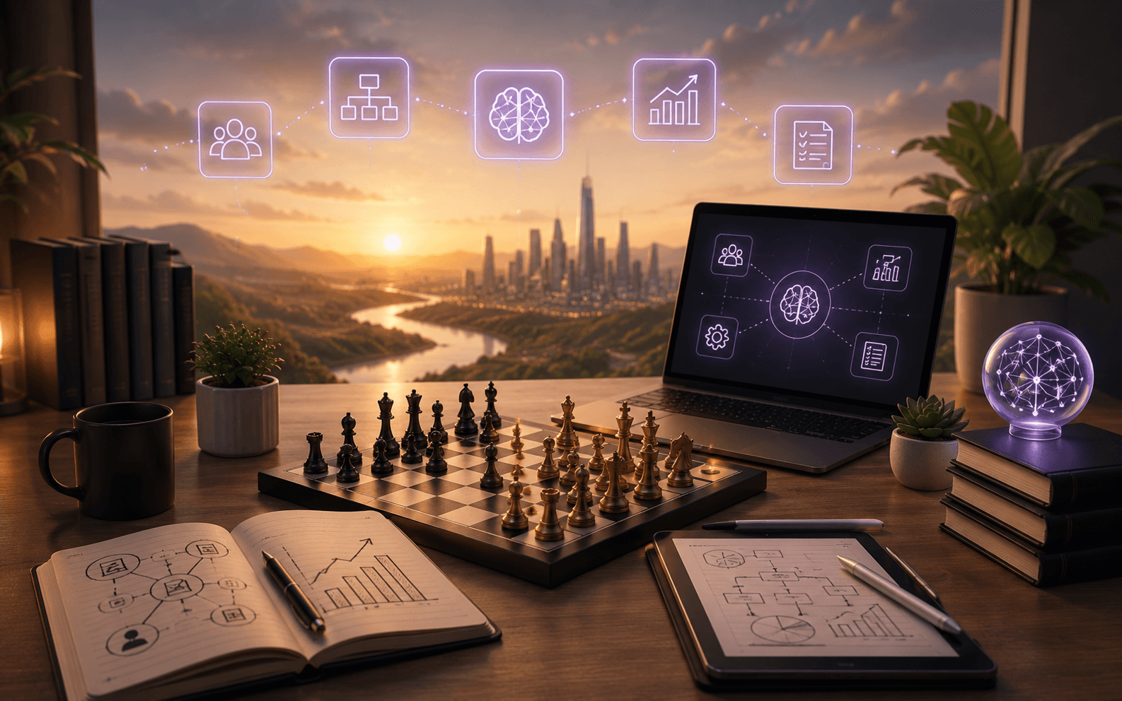 Strategic AI operating system imagery showing structured leverage and calm execution