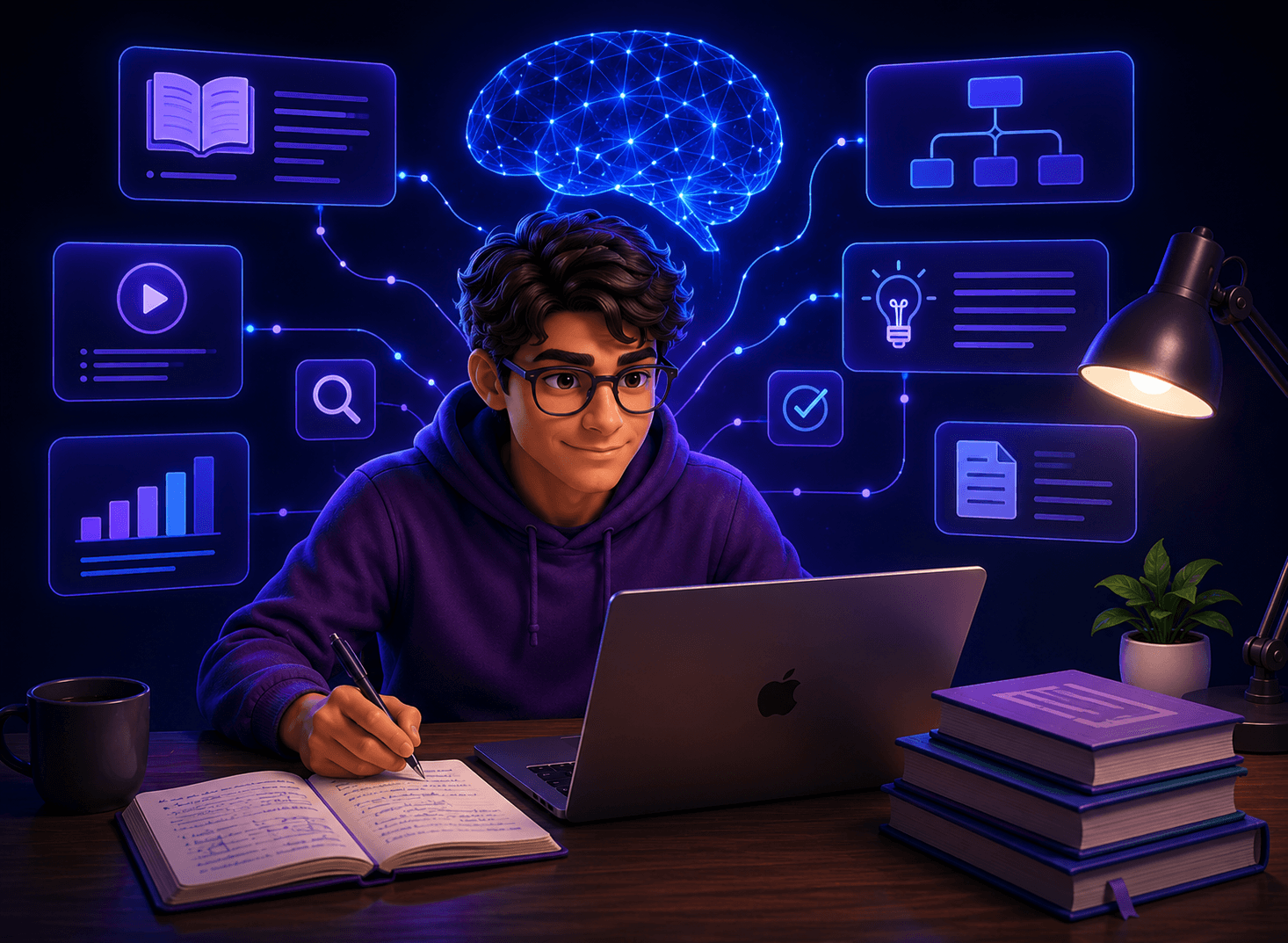 Focused learner with structured AI glossary, clear notes, and organized learning path