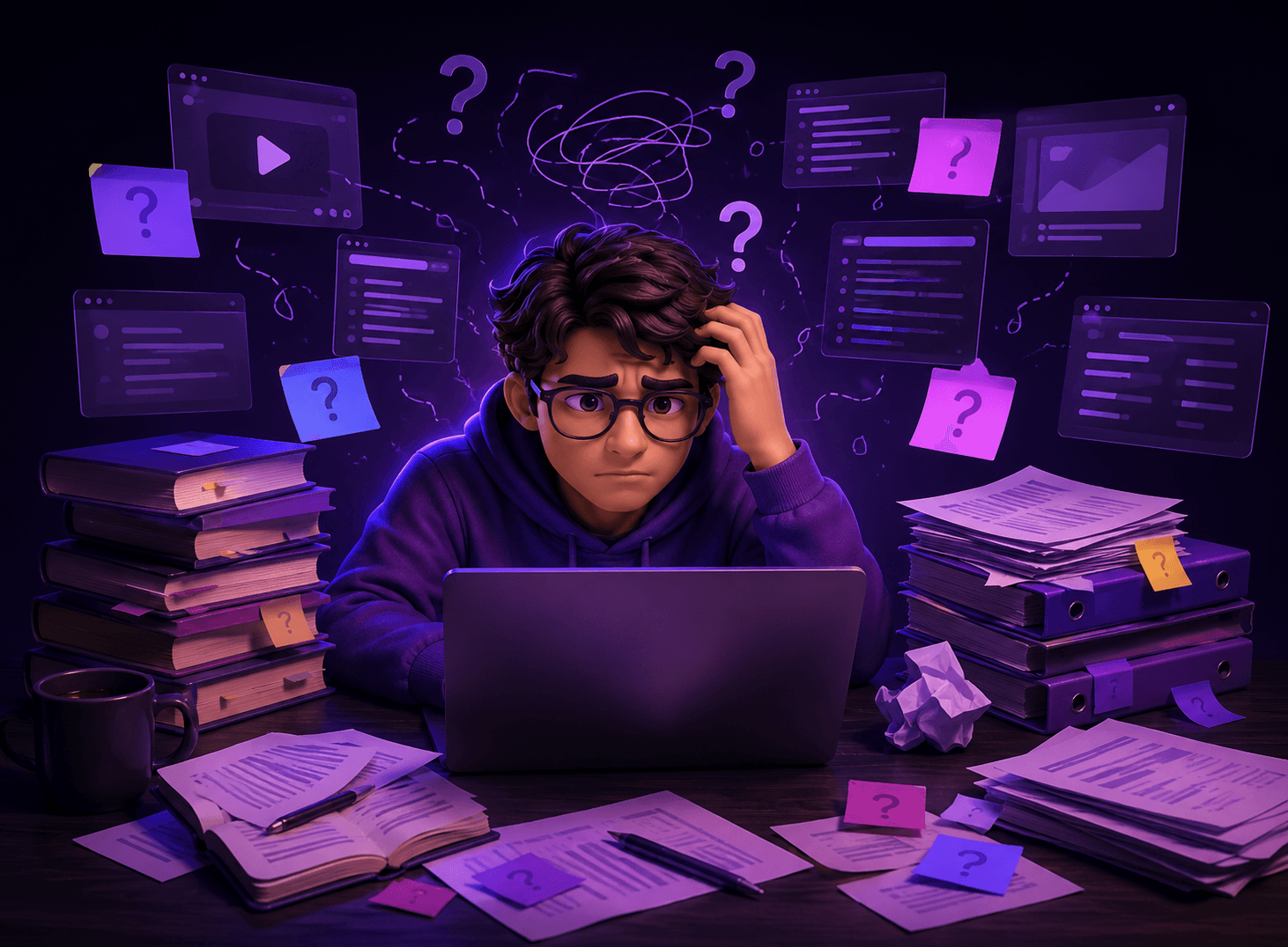 Overwhelmed learner surrounded by scattered AI tabs, notes, and unclear definitions