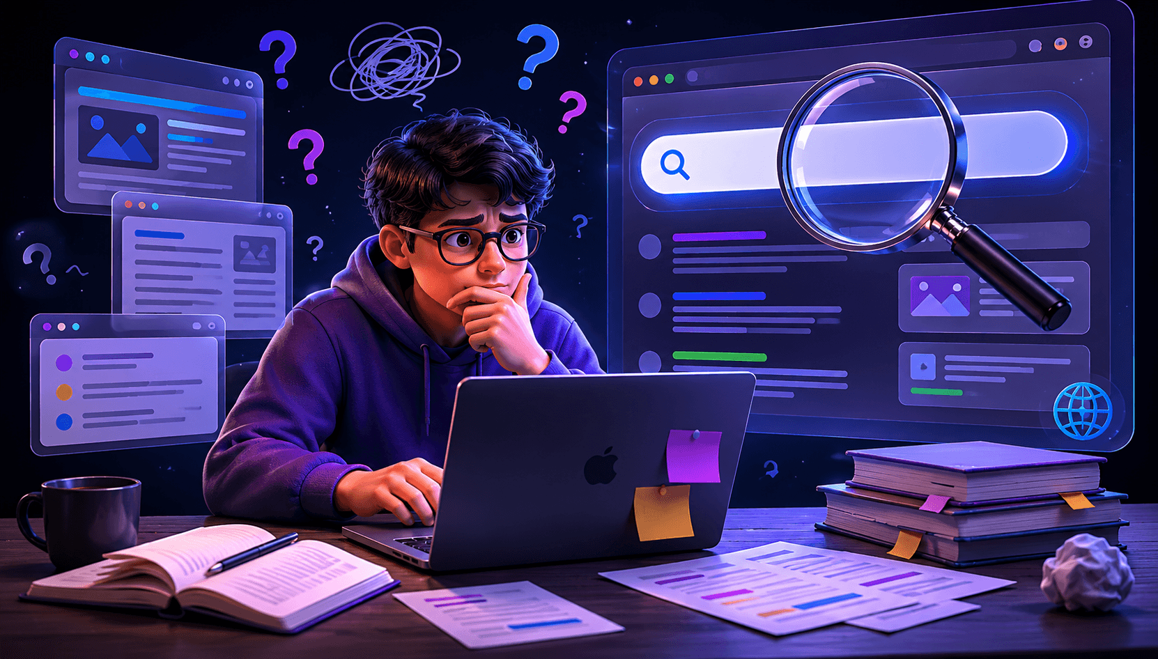 Person searching AI terms across scattered tabs and confusing results