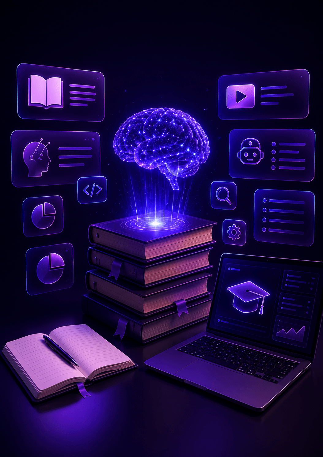 AI learning stack with books, laptop, and digital study resources